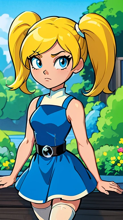 (1girl, (Bubbles:1.0)), (extremely detailed CG unit 8k wallpaper),(master part), (best quality), (ultra detail), (best illustration),(Teen Titans GO style), cowboy shot, (Sharp eyeliner, ombre, detailed eyes:1), garden, outdoors ,GHIBLI_Background, break , upper body,(yellow-blonde hair, blue eyes, short twintails, pigtails), (dress, sky-blue sleeveless dress, simple black belt, white thighhighs:1.5),(neutral pose, looking at viewer:1.2), (solo, one person, one subject:1.5),