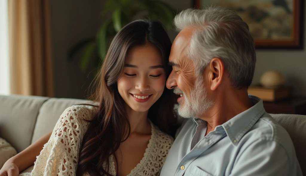 Pretty japanese woman, she has very beautiful long hair,she is on the couch smiling next to a 50 year old Italian man, They are smiling, detailded, photoshot_\( ultra\), photoshotrealisitic, realisitic, Post-processing, Maximum details, roughness, real-life, ultrarealisitic, photoshotrealism, photoshotgraphy, 8k hd, photoshotgraphy