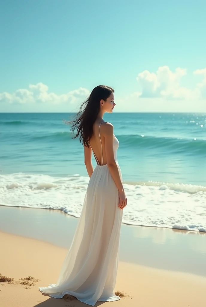 A girl standing in beach nicked
