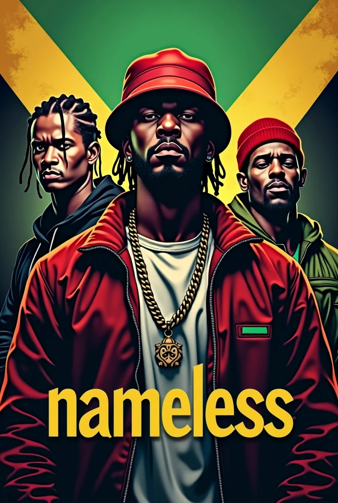 Logo crew gangster jamaican juste le nom nameless ecrit sur le bas de la page drapeau jamaican en arriere plan