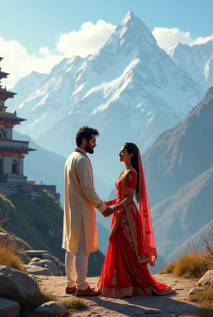 Man woman wedding with pahad tungnath temple
