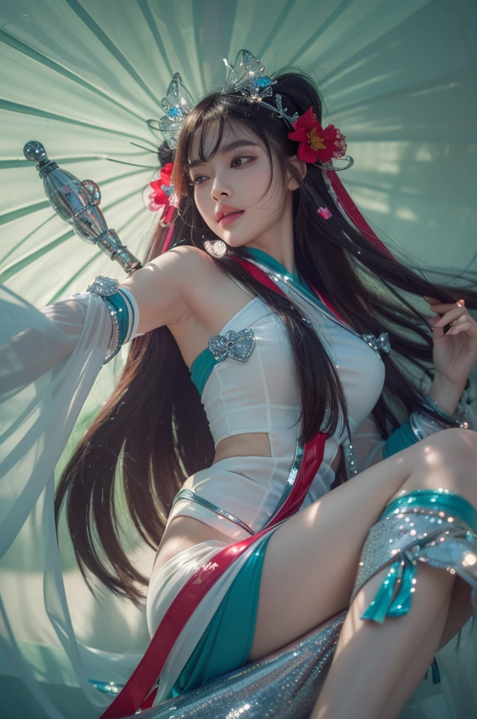 (8k, RAW photo, photorealistic:1.25) ,( lipgloss, eyelashes, gloss-face, glossy skin, best quality, ultra highres, depth of field, chromatic aberration, caustics, Broad lighting, natural shading,) looking at viewer with a serene and goddess-like happiness,