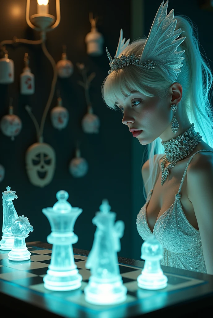 Griffon-themed chess、Detailed and luminous griffin-shaped small pieces、A pale-faced adult witch wearing many accessories stares at the piece in profile.、Sexy glowing costume、Japanese Witch、In the witch's dark room、Ultra-high definition drawing、Many sorcery items hang in the background