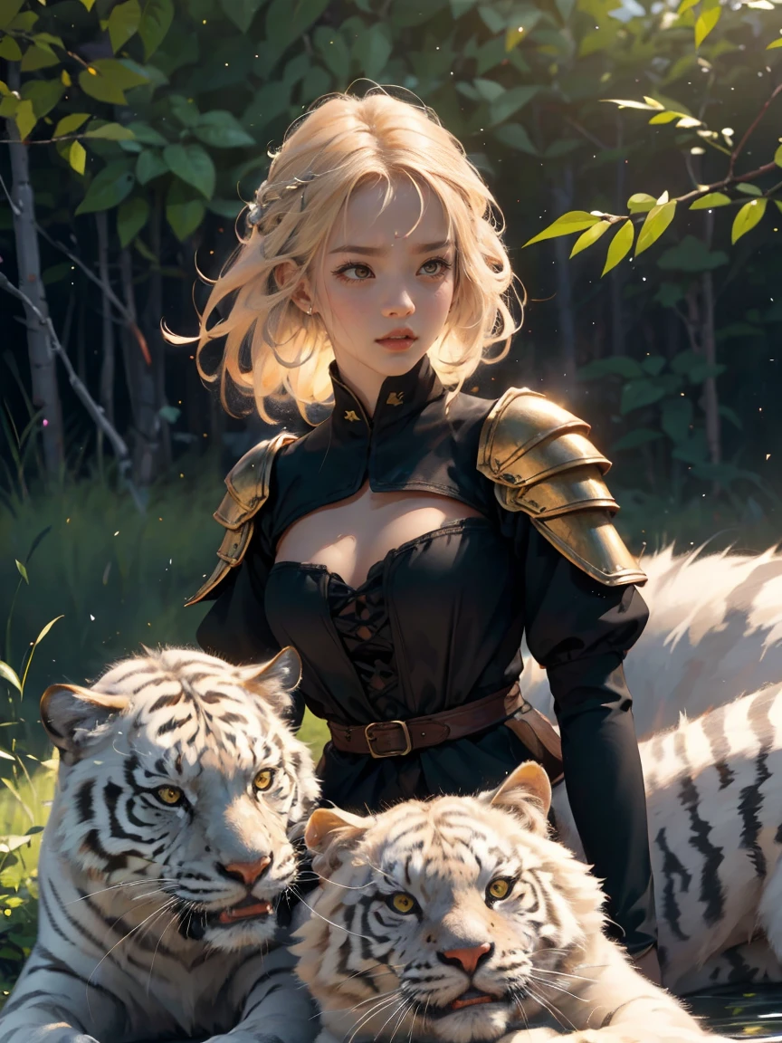 A beautiful and alluring warrior with flowing blonde hair stands confidently beside a majestic white tiger. Her radiant smile and intense gaze captivate all who behold her, embodying a sense of strength and sophistication. The intricate details of her armor and weaponry showcase her skill and elegance. Surrounding them, a lush and vibrant forest serves as the backdrop, with rays of sunlight filtering through the dense canopy, casting a gentle glow on the scene. The atmosphere is charged with a sense of adventure and mystery, with the distant sound of wildlife echoing through the air. This awe-inspiring image would be captured in a high-resolution photograph, allowing every intricate detail to be visible, while accentuating the vibrant colors and textures. The final piece would be reminiscent of a Renaissance painting, combining classical artistry with a modern twist.(Incredibly Detailed:1.1),(Incredibly cinematic:1.1),(High detail model:1.1),(Incredibly Realistic Tones:1.1),(Deep sharpness:1.1),(Incredibly realistic:1.1),(Image 32k:1.3),(Detailed middle ground:1.1),(Detailed background:1.1),(Fine detail:1.1),(Photo RAW:1.1),(Incredible Masterpiece:1.1),(Incredibly Detailed Face:1.1),expression of ecstasy,Sexy,erotic,(((NFSW,pussy))),