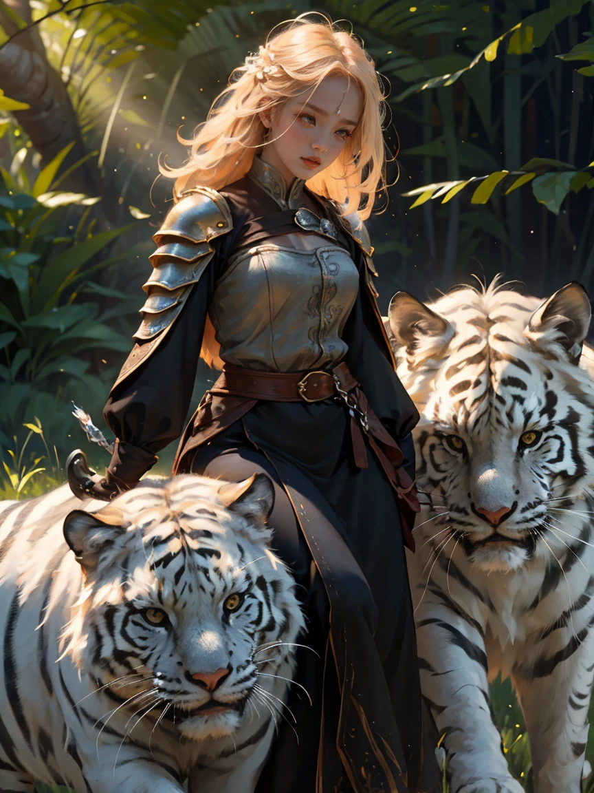 A beautiful and alluring warrior with flowing blonde hair stands confidently beside a majestic white tiger. Her radiant smile and intense gaze captivate all who behold her, embodying a sense of strength and sophistication. The intricate details of her armor and weaponry showcase her skill and elegance. Surrounding them, a lush and vibrant forest serves as the backdrop, with rays of sunlight filtering through the dense canopy, casting a gentle glow on the scene. The atmosphere is charged with a sense of adventure and mystery, with the distant sound of wildlife echoing through the air. This awe-inspiring image would be captured in a high-resolution photograph, allowing every intricate detail to be visible, while accentuating the vibrant colors and textures. The final piece would be reminiscent of a Renaissance painting, combining classical artistry with a modern twist.(Incredibly Detailed:1.1),(Incredibly cinematic:1.1),(High detail model:1.1),(Incredibly Realistic Tones:1.1),(Deep sharpness:1.1),(Incredibly realistic:1.1),(Image 32k:1.3),(Detailed middle ground:1.1),(Detailed background:1.1),(Fine detail:1.1),(Photo RAW:1.1),(Incredible Masterpiece:1.1),(Incredibly Detailed Face:1.1),expression of ecstasy,Sexy,erotic,(((NFSW,pussy))),