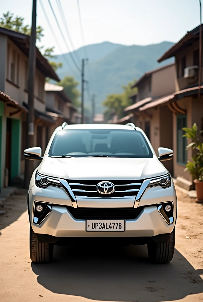 
 a white fortuner of UP93AL4778 in village