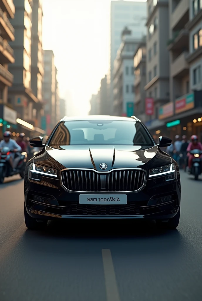 Skoda in black colour in mumbai street in 3d