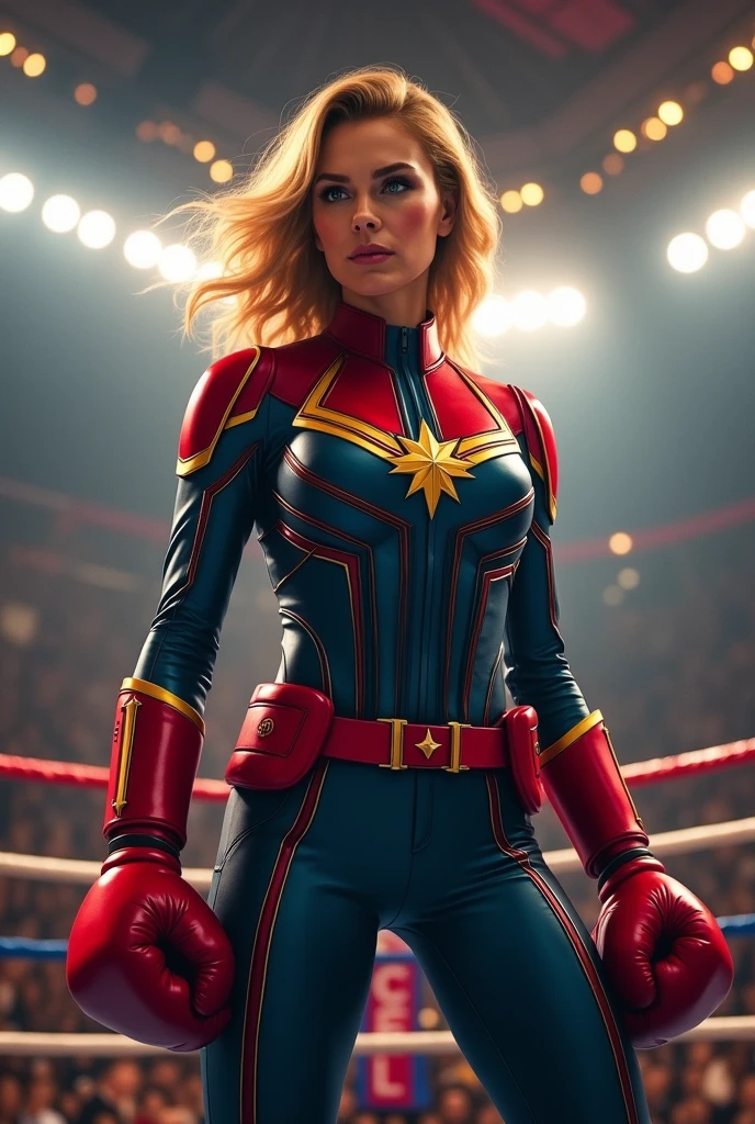 a boxing ring, Captain Marvel, wearing red boxing gloves