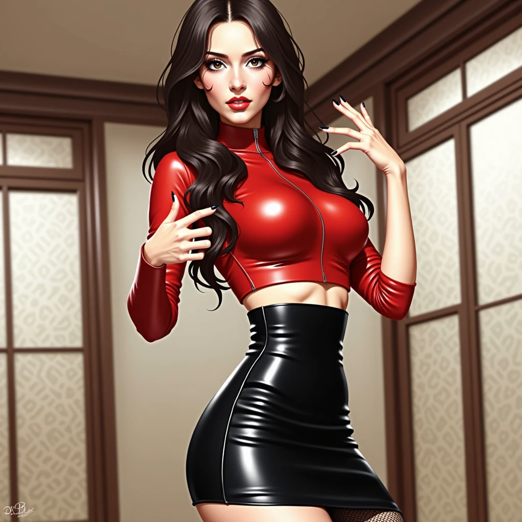 photo of a woman, red latex shirt, black mini skirt, (black stockings), makeup, red lips, hd, 8k, (intricate details, hyperdetailed:1.15) (skin texture:1.2), ((masterpiece)), (high quality), (best quality), (detailed), hd, perfect lighting, detailed face, detailed body