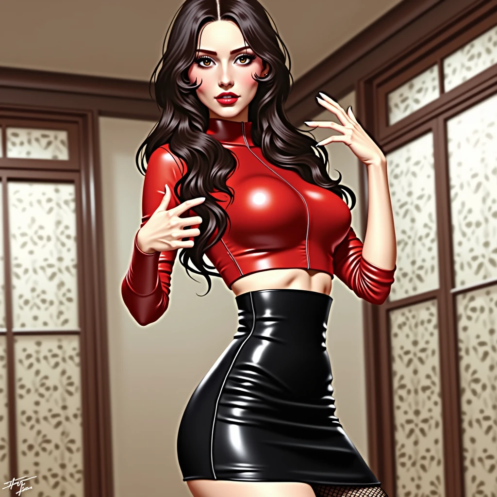 photo of a woman, red latex shirt, black mini skirt, (black stockings), makeup, red lips, hd, 8k, (intricate details, hyperdetailed:1.15) (skin texture:1.2), ((masterpiece)), (high quality), (best quality), (detailed), hd, perfect lighting, detailed face, detailed body