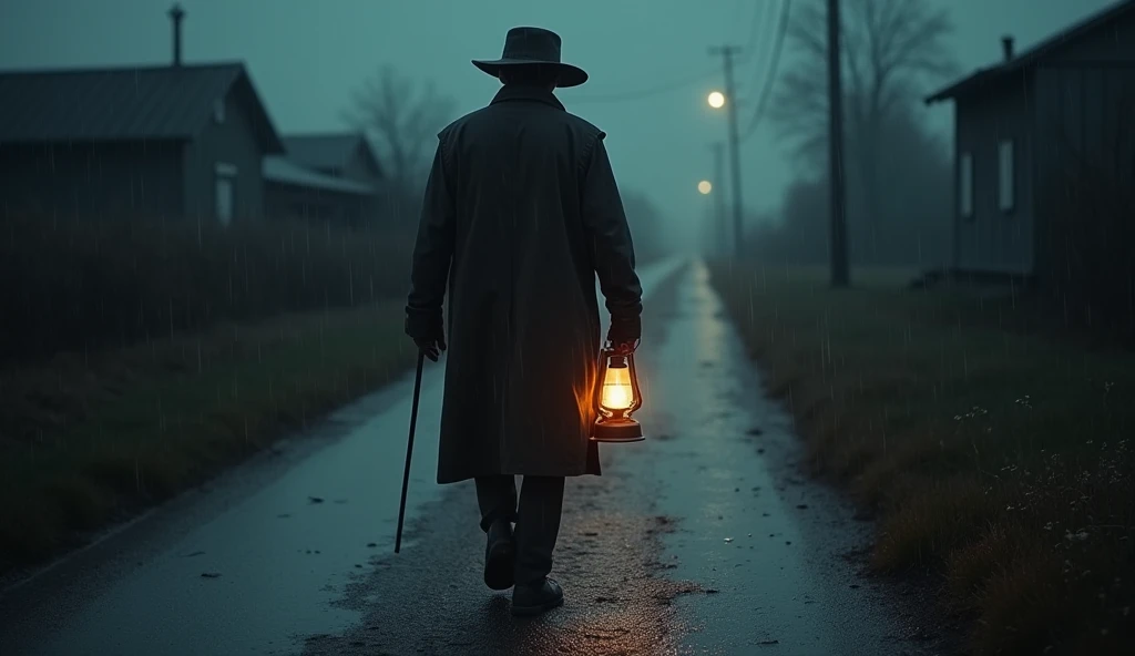 Man holding a lamp walking on a deserted road in the countryside in the middle of the night and it is raining . The angle of the picture is behind his back.