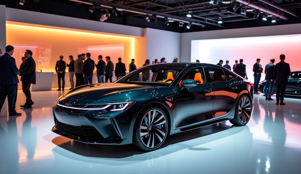 a clean showroom with lots of people, interior a 2026 Corolla Cross mixed with tesla, modern electric car design, double cabin, photorealistic, ultra-detailed, 8k, professional photography, luxury interior, high-end, elegant, warm lighting, seamless, cinematic, vibrant colors, dynamic composition