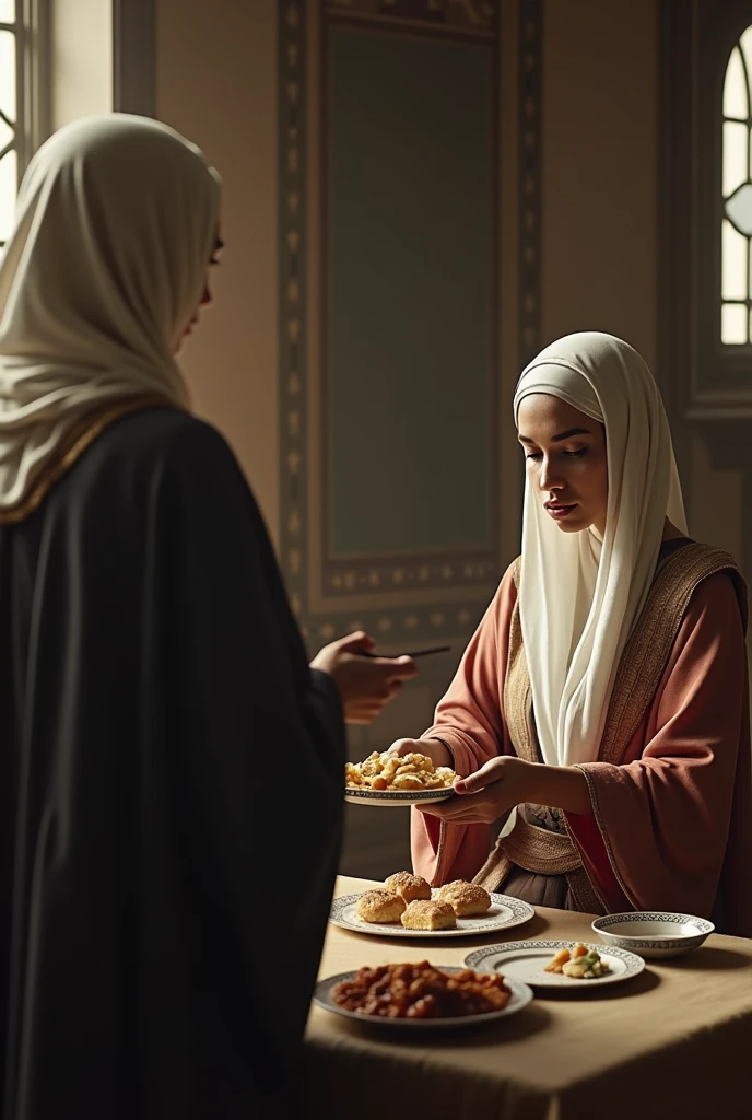 A slave muslim woman serving her muslim woman a meal