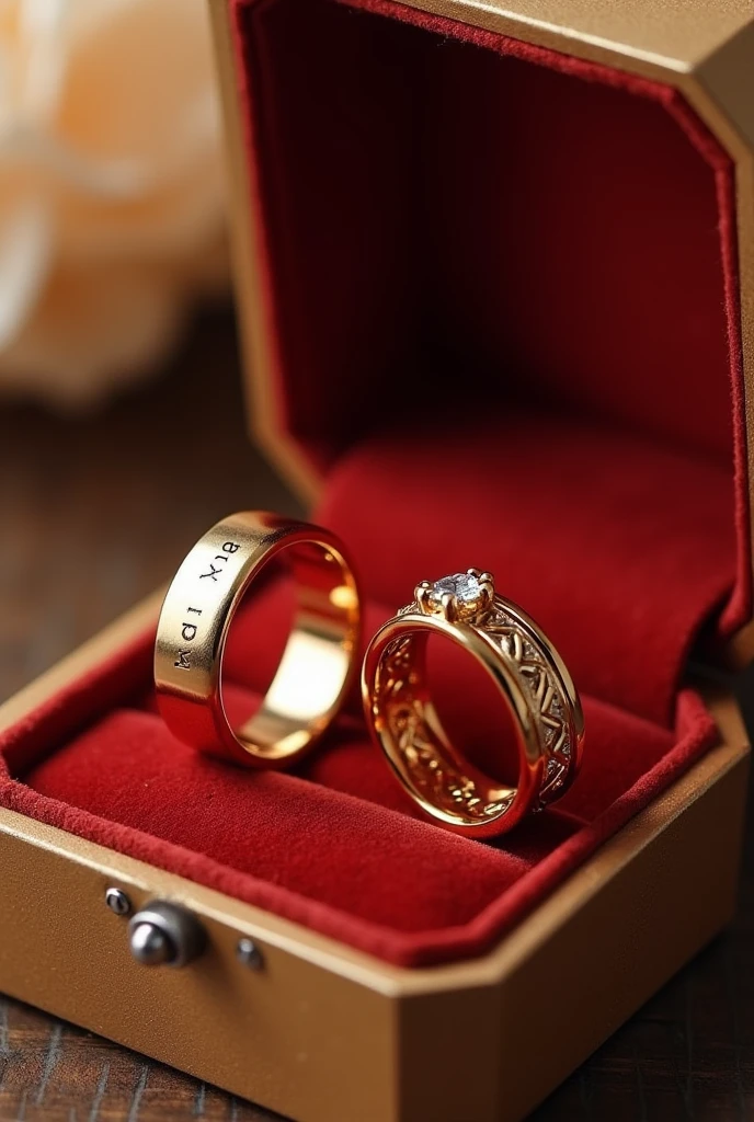 pair of wedding rings/gold-colored engagement ring in a velvet box, the men&#39;s ring is simple, However, it matches the women&#39;s ring, the women&#39;s ring has a minimalist shiny stone reminiscent of a rose. (flowers) and around it a very soft and delicate braided finish on the inside of the rings the word is engraved "AKAI TO"