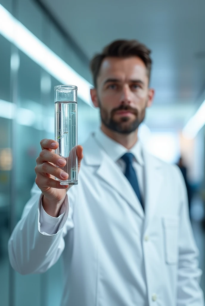professional male doctor in a lab coat holding a large, high-tech cylinder in one hand. The doctor should appear focused and confident, with a clean, modern medical environment in the background. The injecting cyllinder should look like a typical one glass, possibly with some futuristic design elements or labels. The scene should convey a sense of innovation and advanced technology in healthcare.