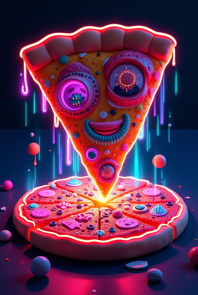 Fluroscent pizza thts funky and vibrant with black background 