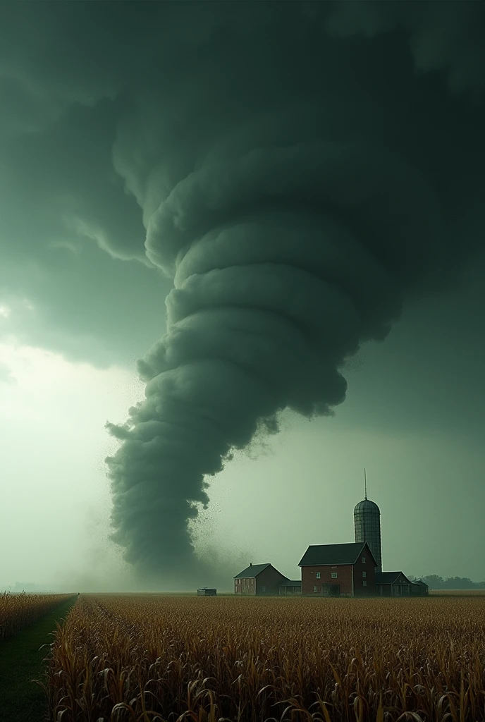 Dramatic harrowing image of a large dark vortex tornado churning across a farmers corn field directly toward a barn and farm house and feed silo as debris flys up into the air. Cinematic storm lighting. Finger if God. Destructive monster. 1950s esthetic