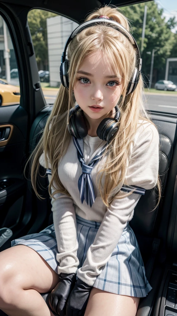 Cute girl Livlas sits in the back seat of the car and looks out the window 1 girl, clap, blonde hair,tape, Ponytail, parted lips, headphones, anime style, black mitts, legs in the lotus position ,striped gaiters