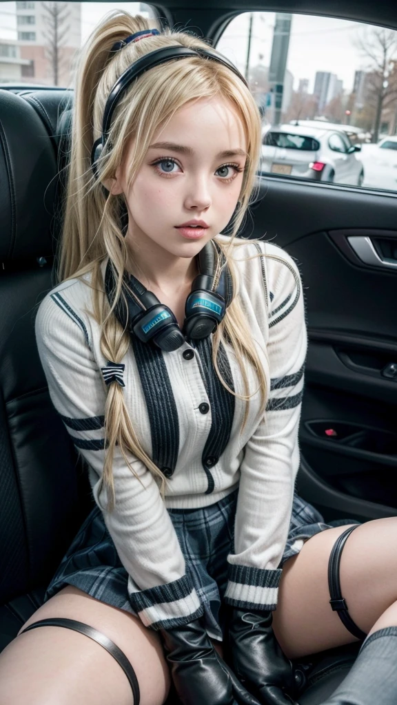 Cute schoolgirl Livlas sits in the back seat of the car and looks out the window 1 girl, clap, blonde hair,tape, Ponytail, parted lips, headphones, anime style, black mitts, legs in the lotus position ,striped gaiters