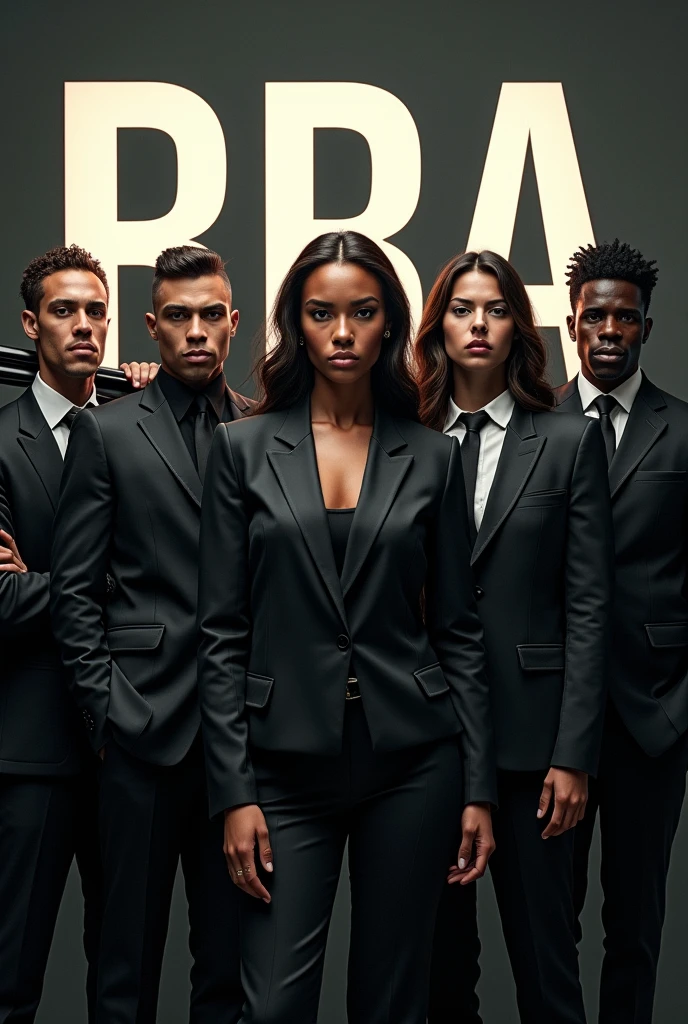 We are students of BBA and want to create a do for our social media group. So create a pic in which a army or gang or group of boys and girls are standing holding guns or rods and BBA is written behind them in big letters. all people must be in black suits and resting guns over their shoulders.
