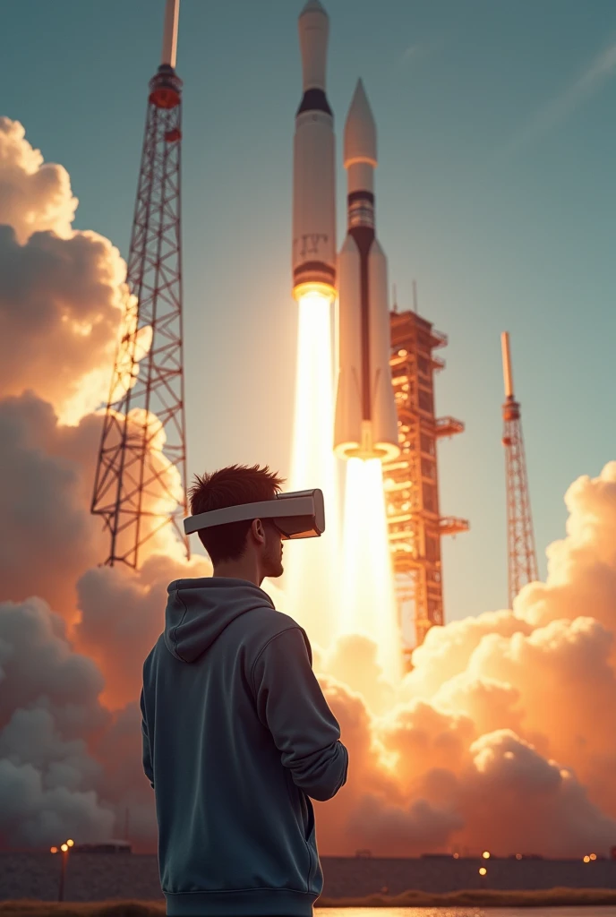 A person watching launch of space rocket through vr glasses
