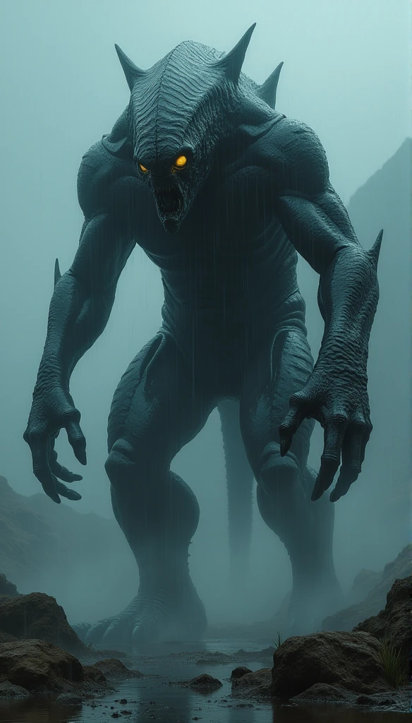 black monster alien evil sci-fi fog, wet skin, raining