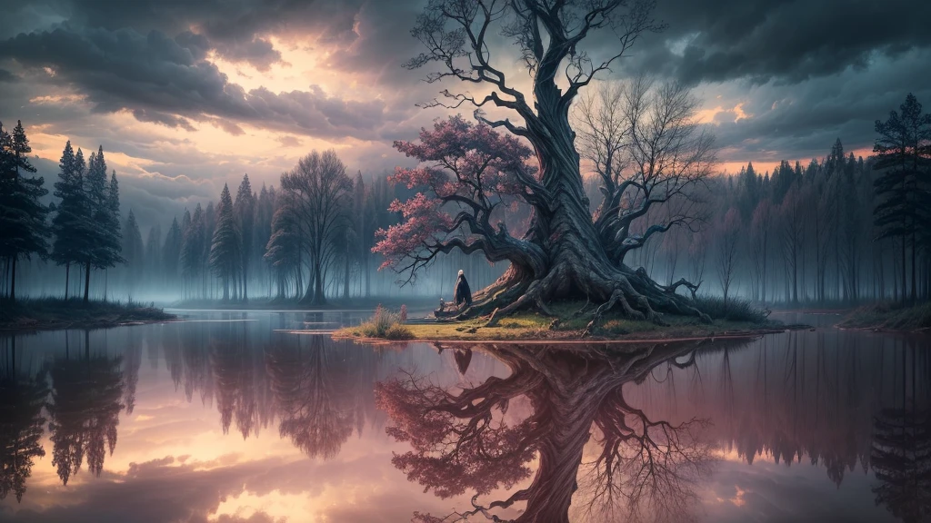 "((Mystical)) atmosphere, girl kneeling beside a pond, ((moody clouds)), ((twisted and gnarly tree)), ((dramatic lighting)), ((reflections in the water)), detailed painting, ((captivating composition)), masterpiece