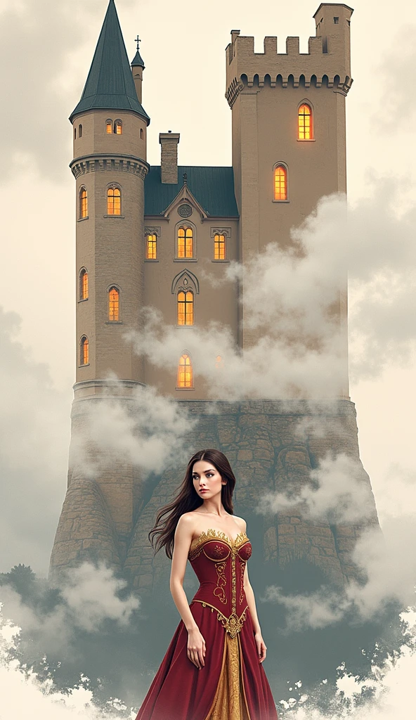 a slim european woman in burgundy and gold strapless clothing with a medieval castle in the background during a gray day with clouds. she is in front, with his head turned towards the castle that radiates lights through the windows.high resolution, Awarded several times, anatomically correcte, 