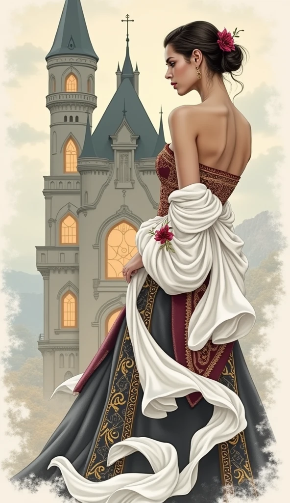 a slim european woman in burgundy and gold strapless clothing with a medieval castle in the background during a gray day with clouds. she is in front, with his head turned towards the castle that radiates lights through the windows.high resolution, Awarded several times, anatomically correcte, 