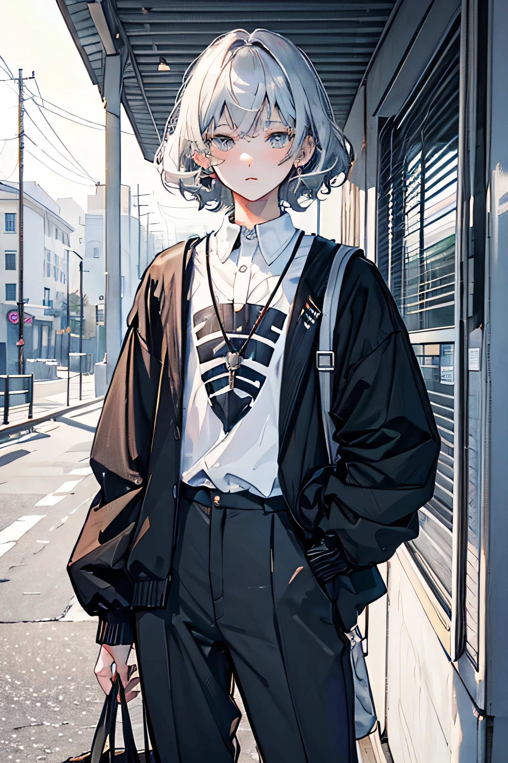 Curly hair, silver hair, short hair, male, high school student, about 150cm tall, uniform of long-sleeved Y-shirt and long pants, school bag in his hand, fair complexion, cute and girlish face, slightly melancholy expression, bus stop in background, tall and handsome high school boy with black hair, coming home with a cute high school girl with long black hair