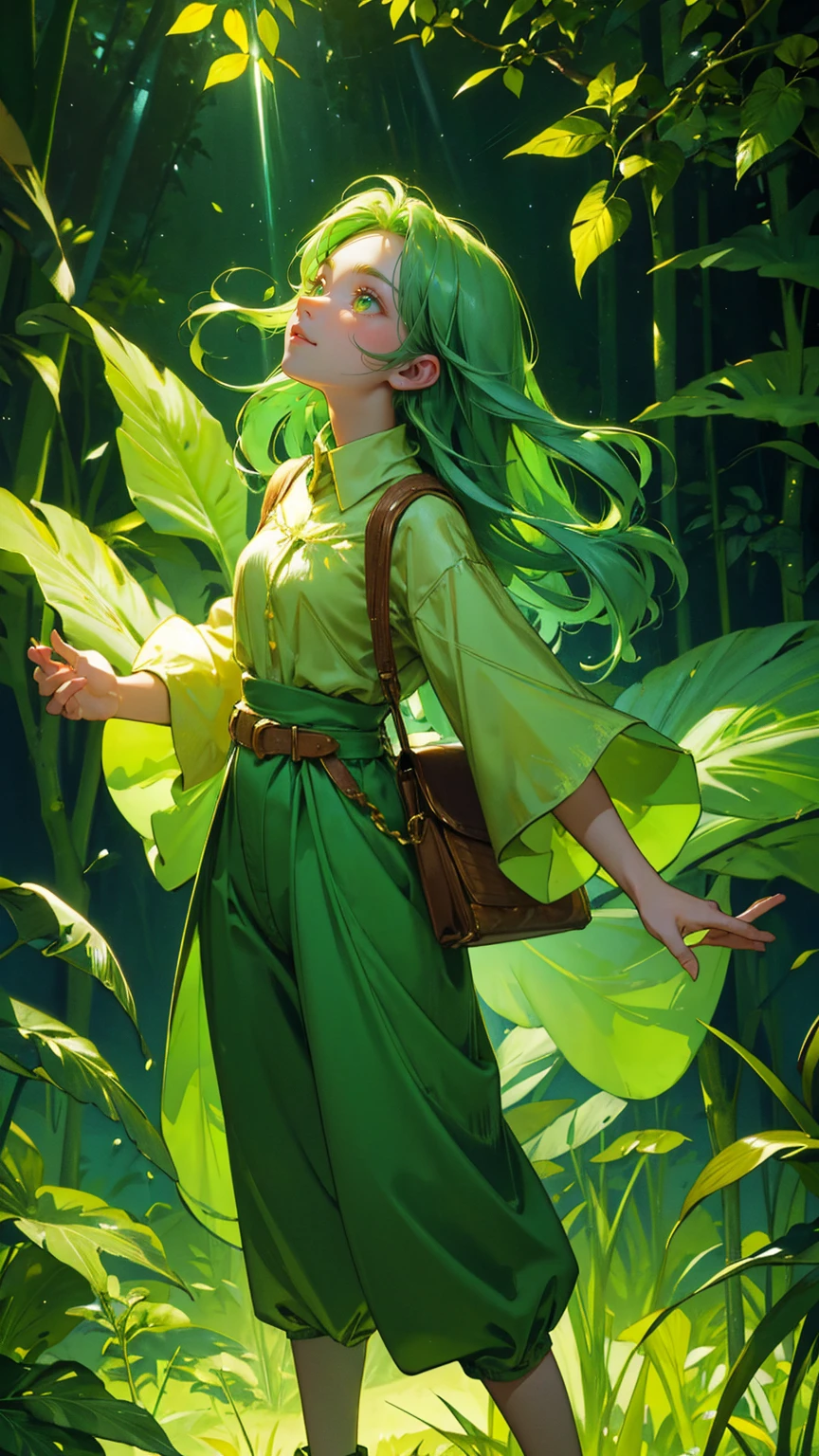 A beautiful, cute girl with wide, excited eyes, standing in a lush, vibrant green jungle. She is wearing a green outfit—a casual green shirt with rolled-up sleeves and matching green pants. Her expression is filled with awe and excitement as she looks up with her hands reaching out to the sky. Around her, golden cryptocurrency coins are falling from above, glowing brightly against the dense, green backdrop of towering trees and thick foliage. The entire scene is saturated in various shades of green, from the trees and leaves to her clothing, creating an atmosphere of abundance and wonder in a magical, money-filled forest."