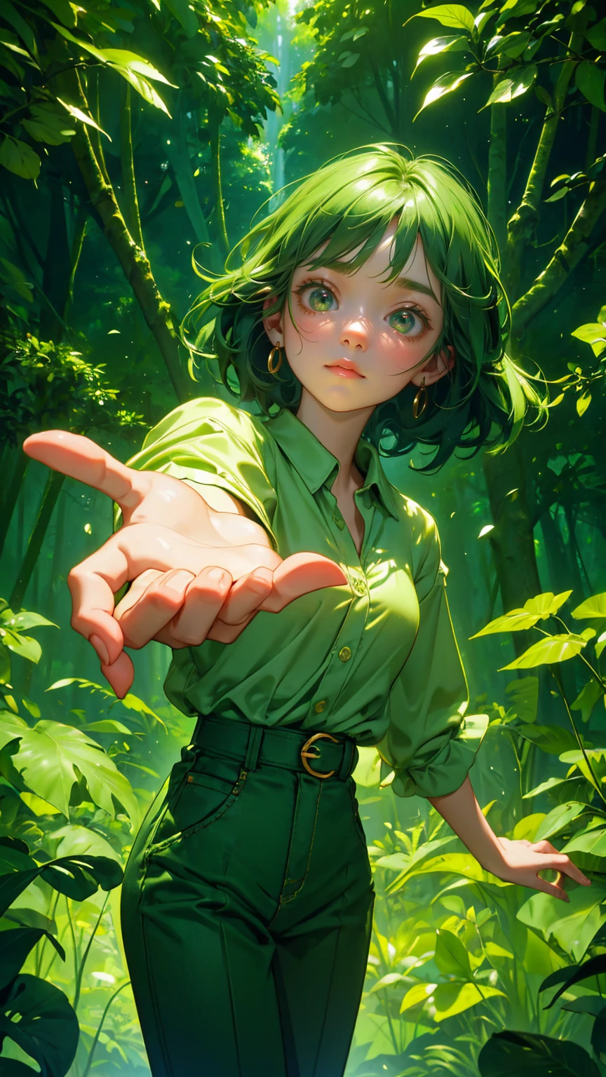 A beautiful, cute girl with wide, excited eyes, standing in a lush, vibrant green jungle. She is wearing a green outfit—a casual green shirt with rolled-up sleeves and matching green pants. Her expression is filled with awe and excitement as she looks up with her hands reaching out to the sky. Around her, golden cryptocurrency coins are falling from above, glowing brightly against the dense, green backdrop of towering trees and thick foliage. The entire scene is saturated in various shades of green, from the trees and leaves to her clothing, creating an atmosphere of abundance and wonder in a magical, money-filled forest."