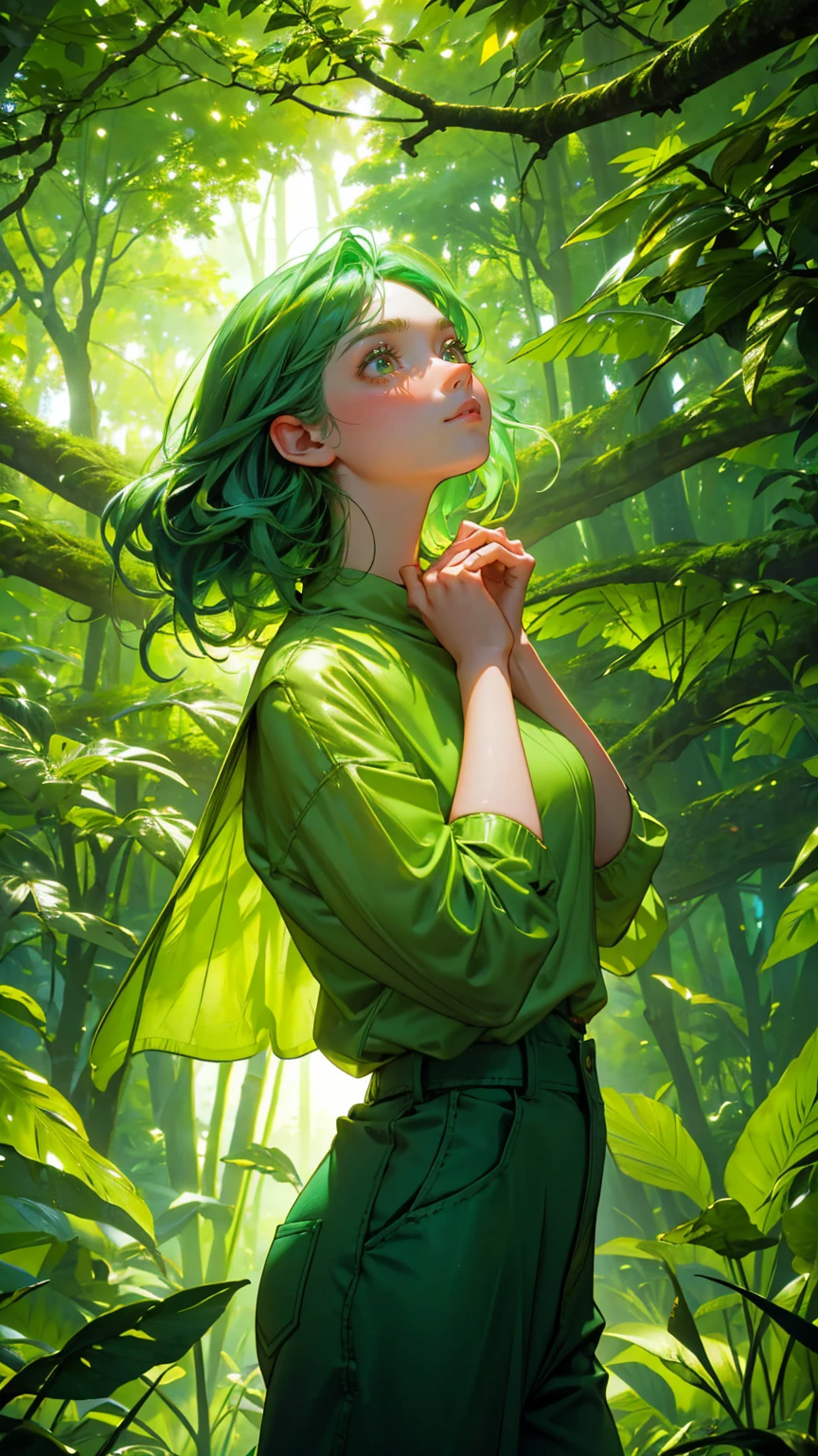 A beautiful, cute girl with wide, excited eyes, standing in a lush, vibrant green jungle. She is wearing a green outfit—a casual green shirt with rolled-up sleeves and matching green pants. Her expression is filled with awe and excitement as she looks up with her hands reaching out to the sky. Around her, golden cryptocurrency coins are falling from above, glowing brightly against the dense, green backdrop of towering trees and thick foliage. The entire scene is saturated in various shades of green, from the trees and leaves to her clothing, creating an atmosphere of abundance and wonder in a magical, money-filled forest."