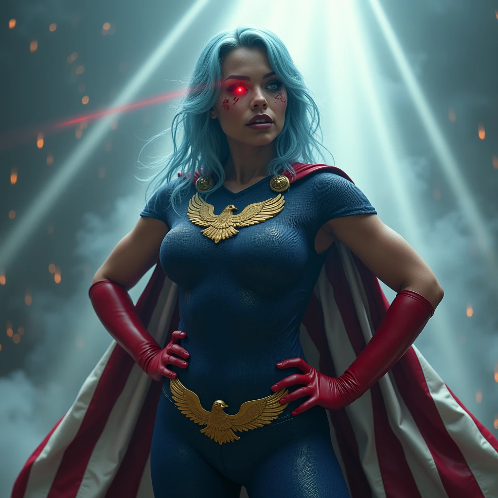 A powerful superhero character in a dramatic action pose, She hold her hands on her hips and and look at her left. She's a biracial latina woman .She wears a dark blue, textured bodysuit with golden like heads of eagle on her shoulders and wear red long gloves until her elbows. She have got long light blue hair, light blue eyes, large breast. She has got a creepy smile. His eyes glow in intense red, projecting laser beams by he eyes on her left, illuminating the scene with bright light. A large and imposing American flag cape billows behind her, adding a sense of movement to the scene. There are stains of blood on her face ,The atmosphere around her is misty, with beams of light piercing through the clouds, highlighting the figure in a heroic manner, photorealistic, Grand angle,
