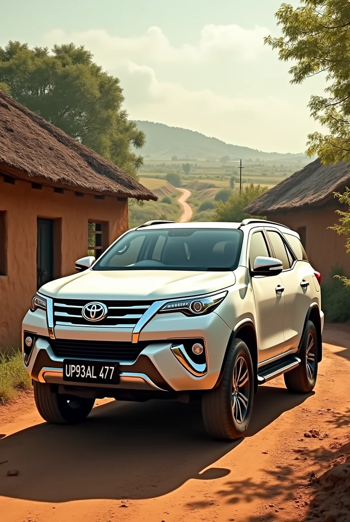 a white fortuner of UP93AL4777 in village realistic image