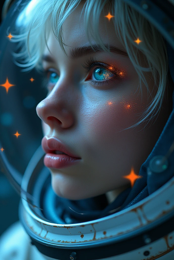 (Close-up of a better masterpiece:1.5)0.9], (Space and astronauts:1.2) (Messy silver hair:1.1) (Heterochromia xanthochromia and blue eyes:1.2) (Space Helmet:1.0) (Colored stars in the eyes:1.0) (A radiant glow:1.1) (thick lips:0.9)