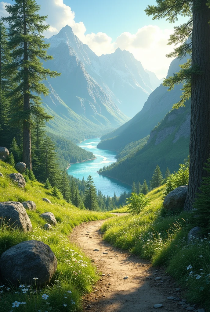 A mountain path leading to a beautiful river
