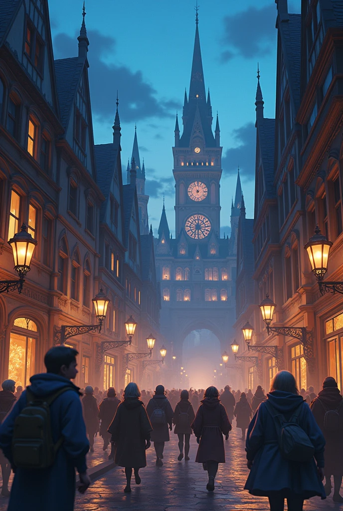 Fantasy anime style city in the middle ages attacked by goblins little panic people animation night