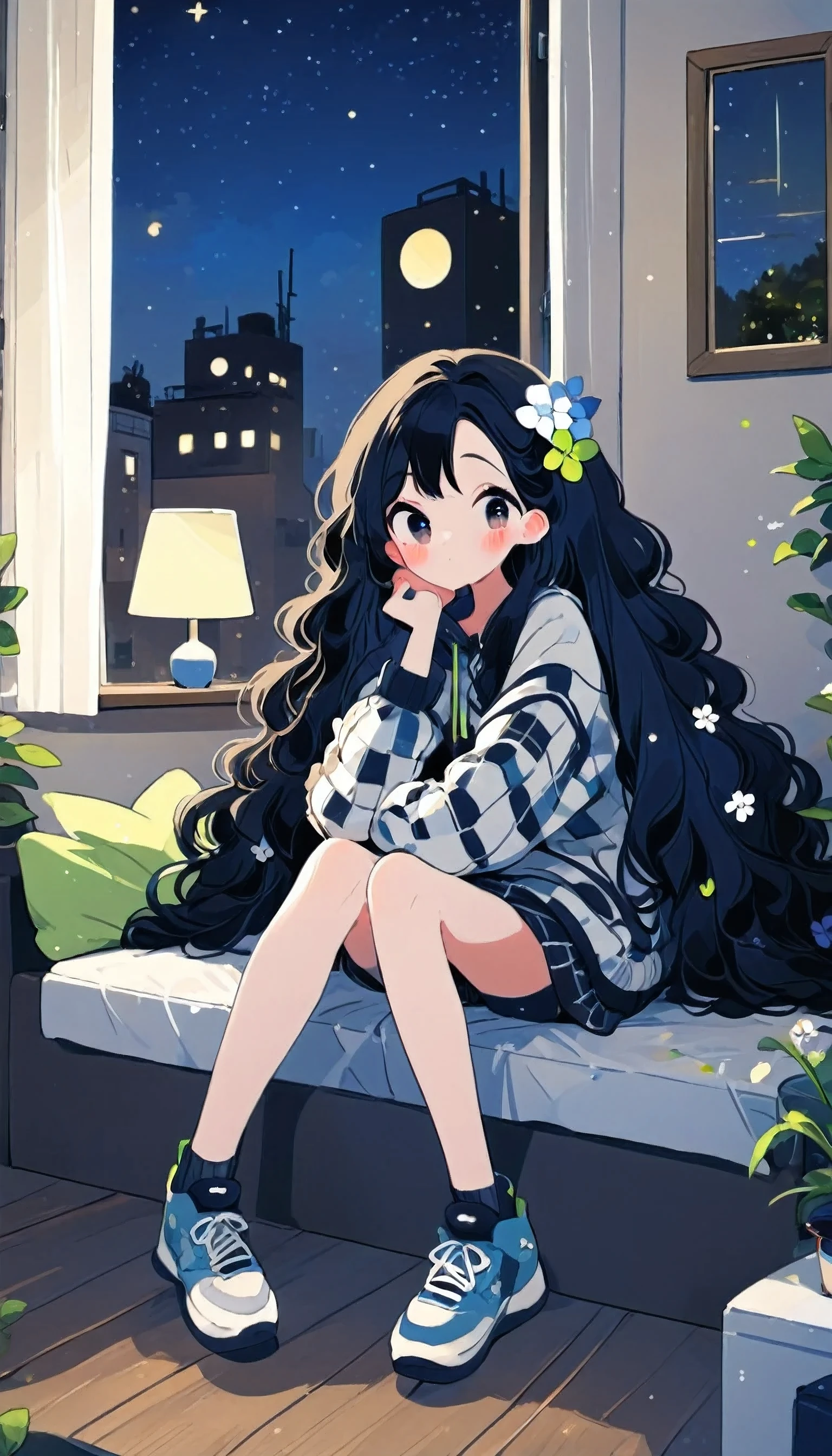 (masterpiece, best quality:1.2), 1girl, solo, beautiful, long hair, black hair, cozy room, lo-fi style, full body, window, nights, flower pots, table, lamp, sitting a sofa,