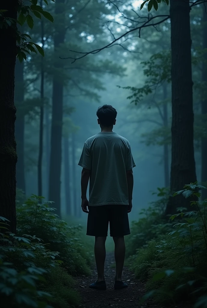 (Masterpiece:1.2,Highest quality,Ultra high resolution,very detailed,realistic,Ultra high resolution,8ก,Wallpaper,(Taking photos in the grave),(The image shows a young man standing with his back turned looking at something mysterious in front of him.),Covered by dense forest,Camera angle of Pogal behind the young man,nighttime,Thailand,Quiet and scary,horror