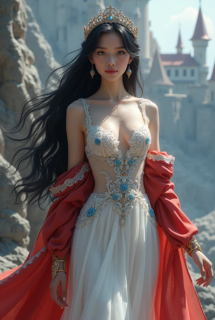 Elegant armor, princess, Full body, wearing a headscarf, luxurious crown, blue eyes, black hair, all around, (red silver veil), tmasterpiece, The best of the best quality, High resolution, 8K,((Portrait)),(top body), Real photo, real photo, digital photography, (Medieval angel princess in fantasy style), sexy princess, blue eyes, super colossal breasts, luxurious ornaments pointy colossal breasts, separated lips, Keep your mouth shuegant and charming,( (Blushing )), virgin humiliation, Quiet and handsome, (Medieval fantasy dress, beautiful super big pointed breasts, small waist, perfect colossal breasts of the princess body, blue delicate pattern, red robe), (century fantasy style anhelic princess character mid, oc provides reflection texture, sexy style, sexy colossal breasts, medieval castle background, slim body, very small waist, (erect nipples see through the dress) see-through white long dress nipples, super slim, sexy style, angel wings 4