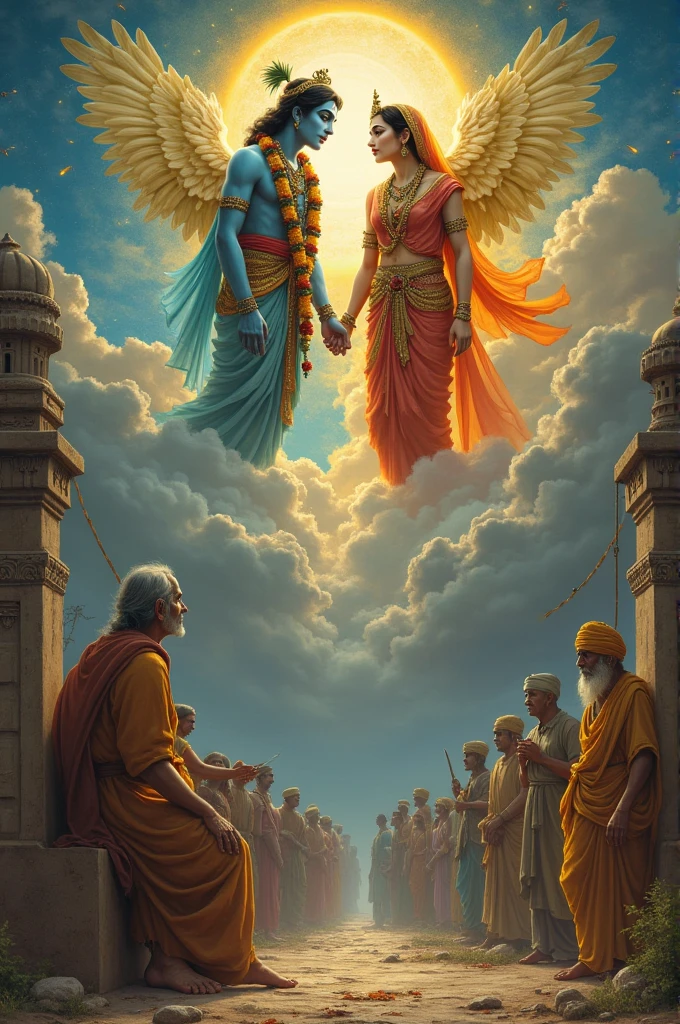 Lord krishna aur Radha swarg se ek bhikhari ko prithvi log par insano se bheekh magte dhekh rahe hai jo budi avastha me hai
