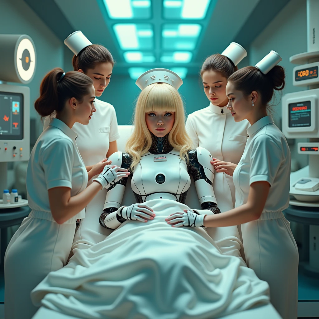 5 nurses、70s robot blonde girl、She has sexy bangs and wears futuristic clothing