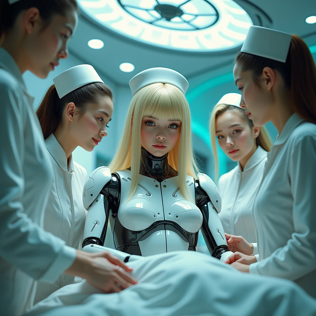 5 nurses、70s robot blonde girl、She has sexy bangs and wears futuristic clothing