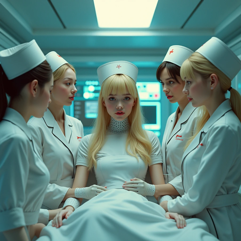 5 nurses、70s robot blonde girl、She has sexy bangs and wears futuristic clothing