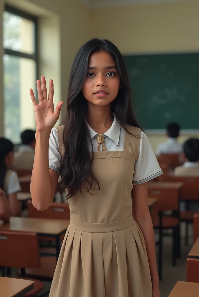 Beutiful girl in school dress mini scout Kali with in indian girl
With hand up