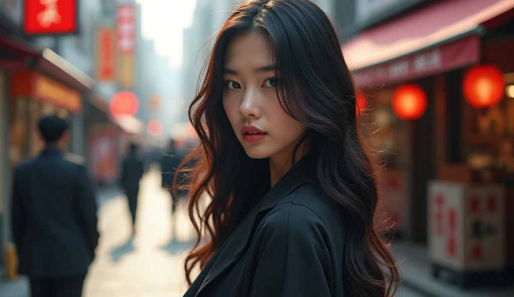 Pretty japanese woman, she has very beautiful long hair, she is on the street looking with a seductive look, wearing everyday clothes, detailded, photoshot_\( ultra\), photoshotrealisitic, realisitic, Post-processing, Maximum details, roughness, real-life, ultrarealisitic, photoshotrealism, photoshotgraphy, 8k hd, photoshotgraphy