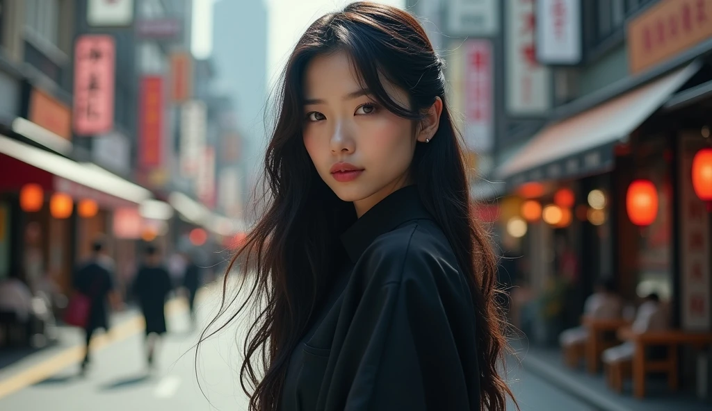 Pretty japanese woman, she has very beautiful long hair, she is on the street looking with a seductive look, wearing everyday clothes, detailded, photoshot_\( ultra\), photoshotrealisitic, realisitic, Post-processing, Maximum details, roughness, real-life, ultrarealisitic, photoshotrealism, photoshotgraphy, 8k hd, photoshotgraphy