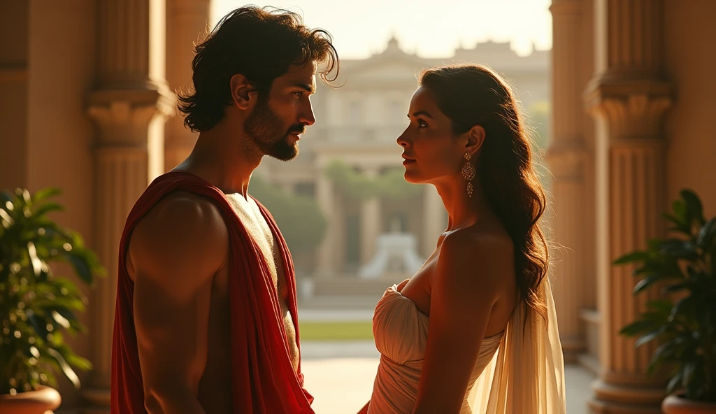 generate an image of a seductive greek woman with shining body and greek man aw struck by her beauty standing in front of him renaissance cinematic