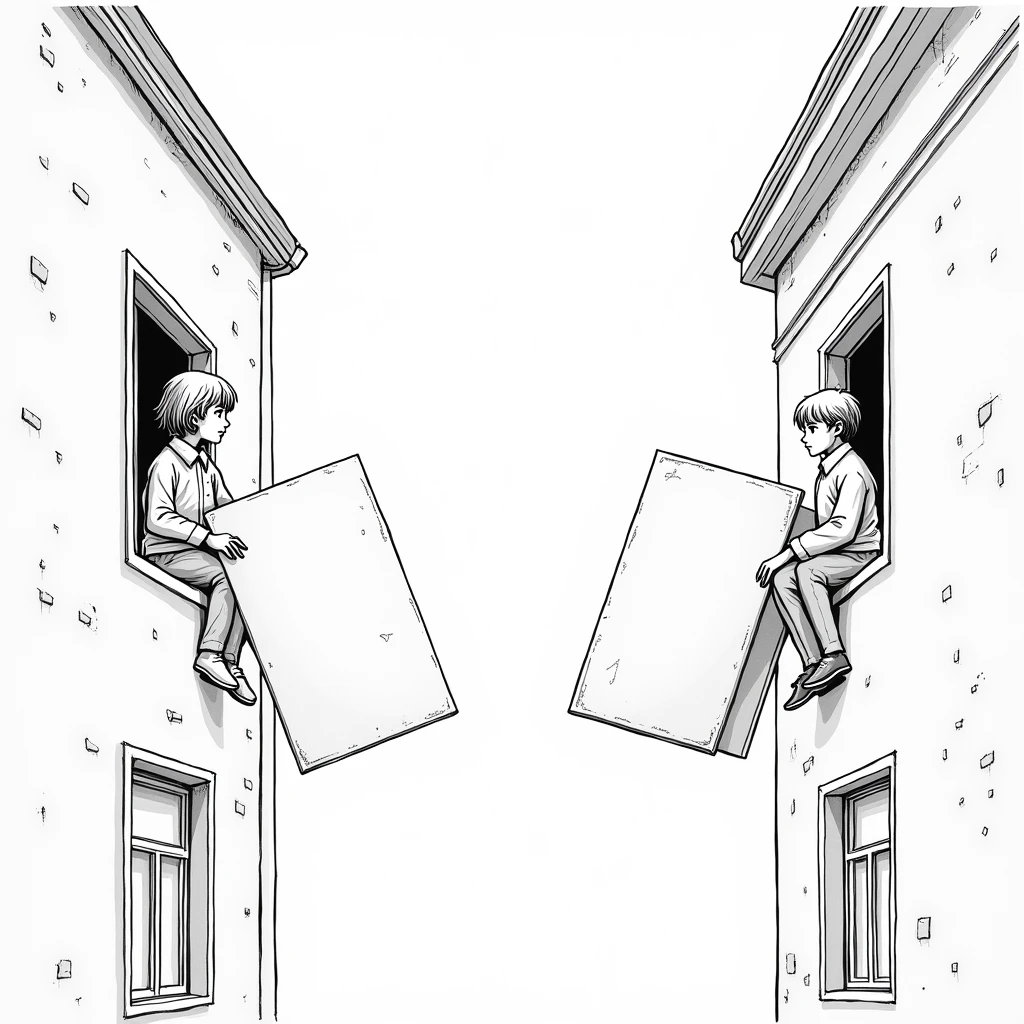 An illustration of two buildings facing each other from a stright-on perspective, showcasing a girl, at one window holding a large board, and on the other side a boy looking at her holding a huge board ,high quality image, black and white line art image